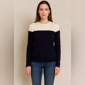 EUC! Royal Mer 100% Wool Sailor Navy/White Sweater with Button Shoulder, sz 42